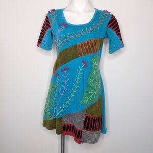 Rising International Blue Colorful Mixed  Design Boho Hippie Floral Dress L